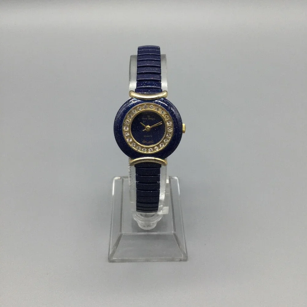 David Design Womens Watch 25mm Crystal Bezel Stretch Band Gold Tone New Battery